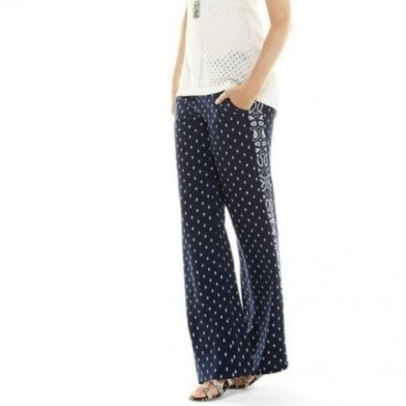 Cabi Track Star Trouser Pants Navy White  Wide Leg Paisley  #5176 Size 8 - Picture 1 of 11